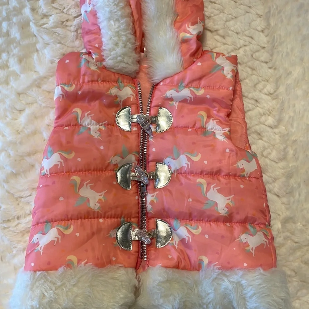 LITTLE LASS unicorn hooded puffer vest toddler girls faux fur trim zipped 3T
